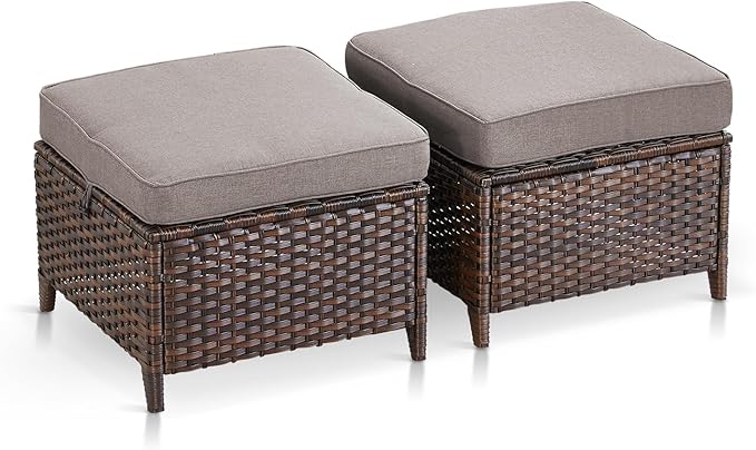 Outdoor Wicker Ottomans Rattan Footstools - Set of 2 Heavy Duty Outside Resin