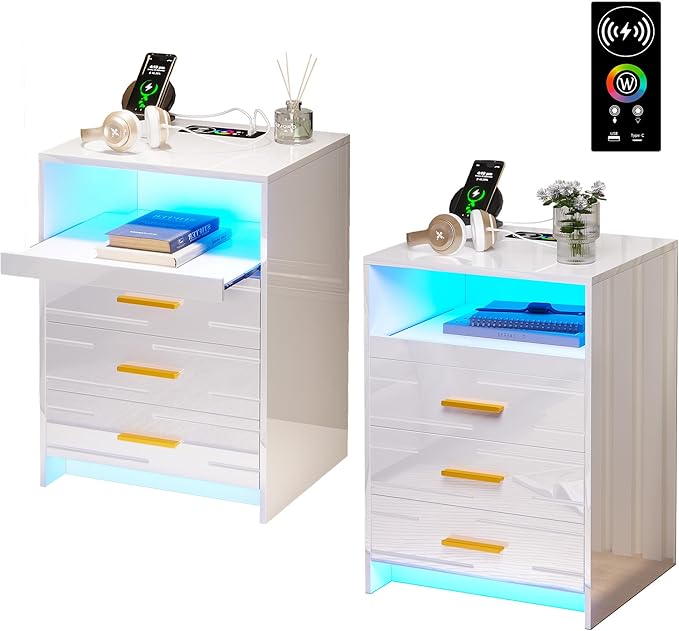 Nightstand Set of 2 with Wireless Charging Station