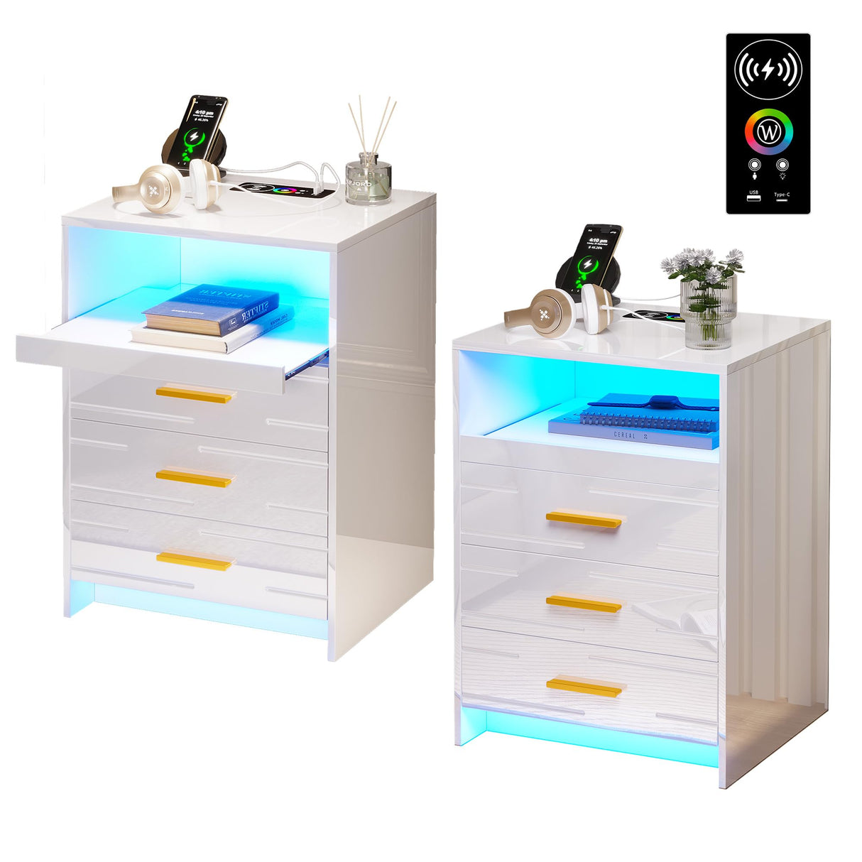 Nightstand Set of 2 with Wireless Charging Station