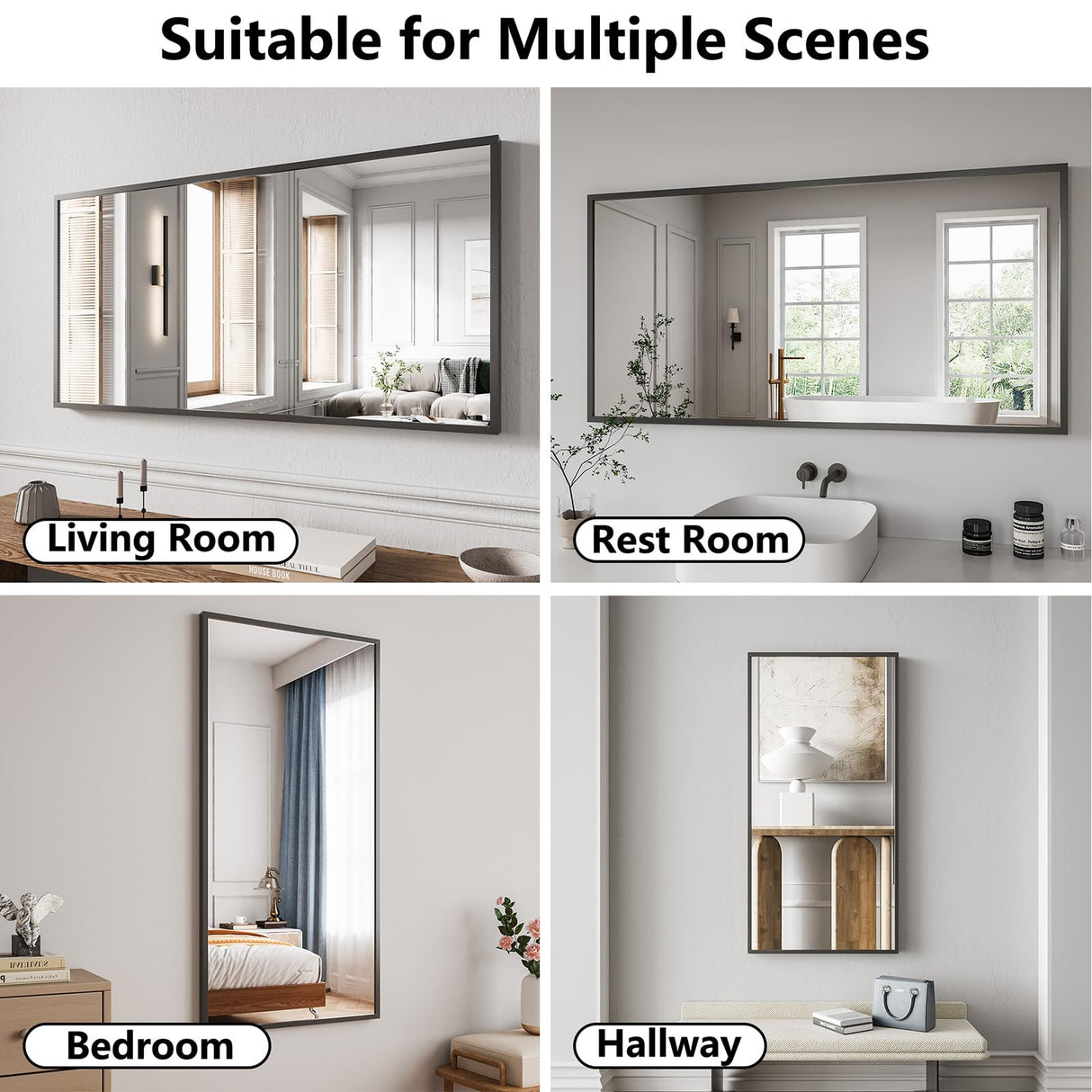 24x48 Black Bathroom Mirror - Shatterproof Tempered Glass Wall Mirror