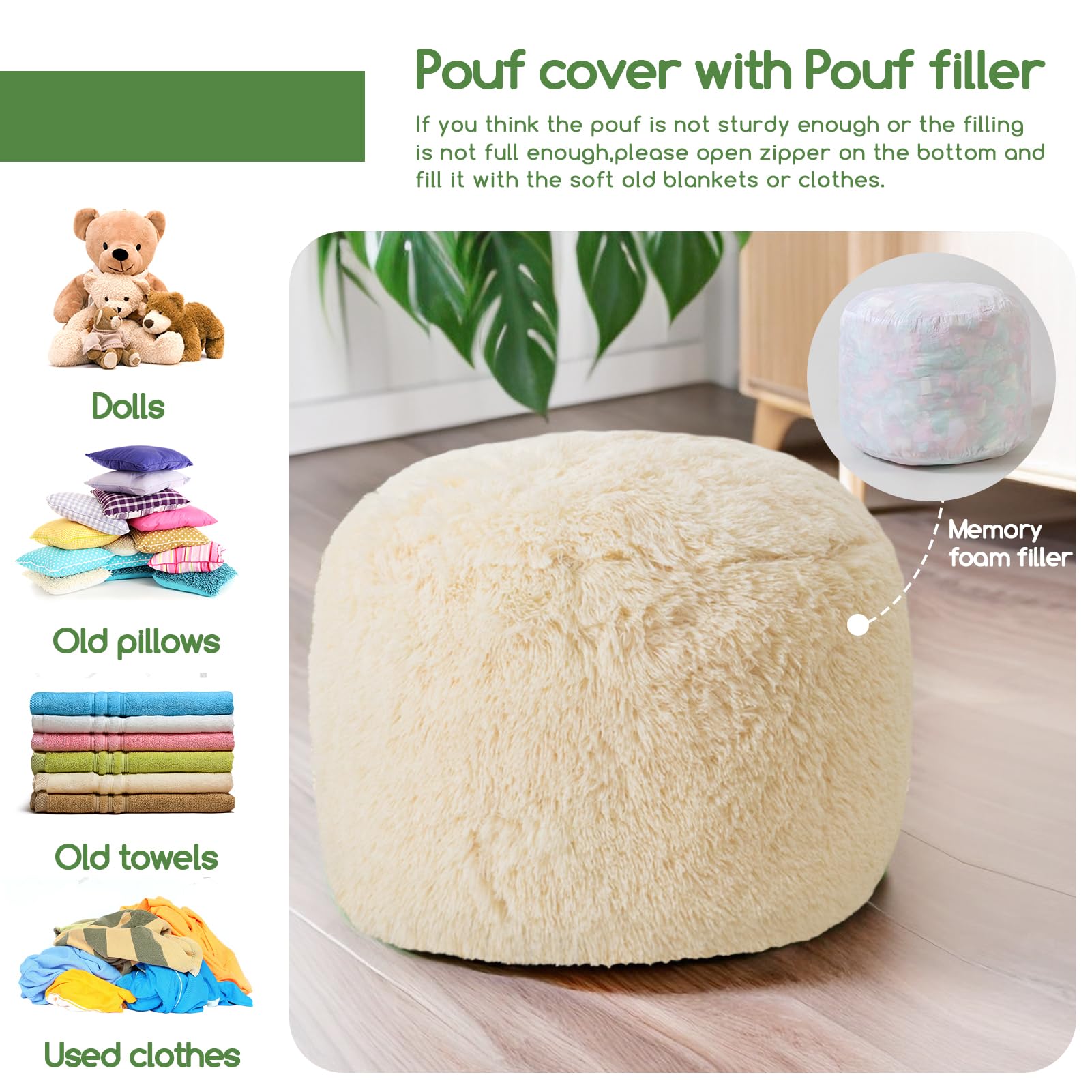 Round Stuffed Pouf Ottoman, Long Faux Fur Poufs with Foam Chunk Filling