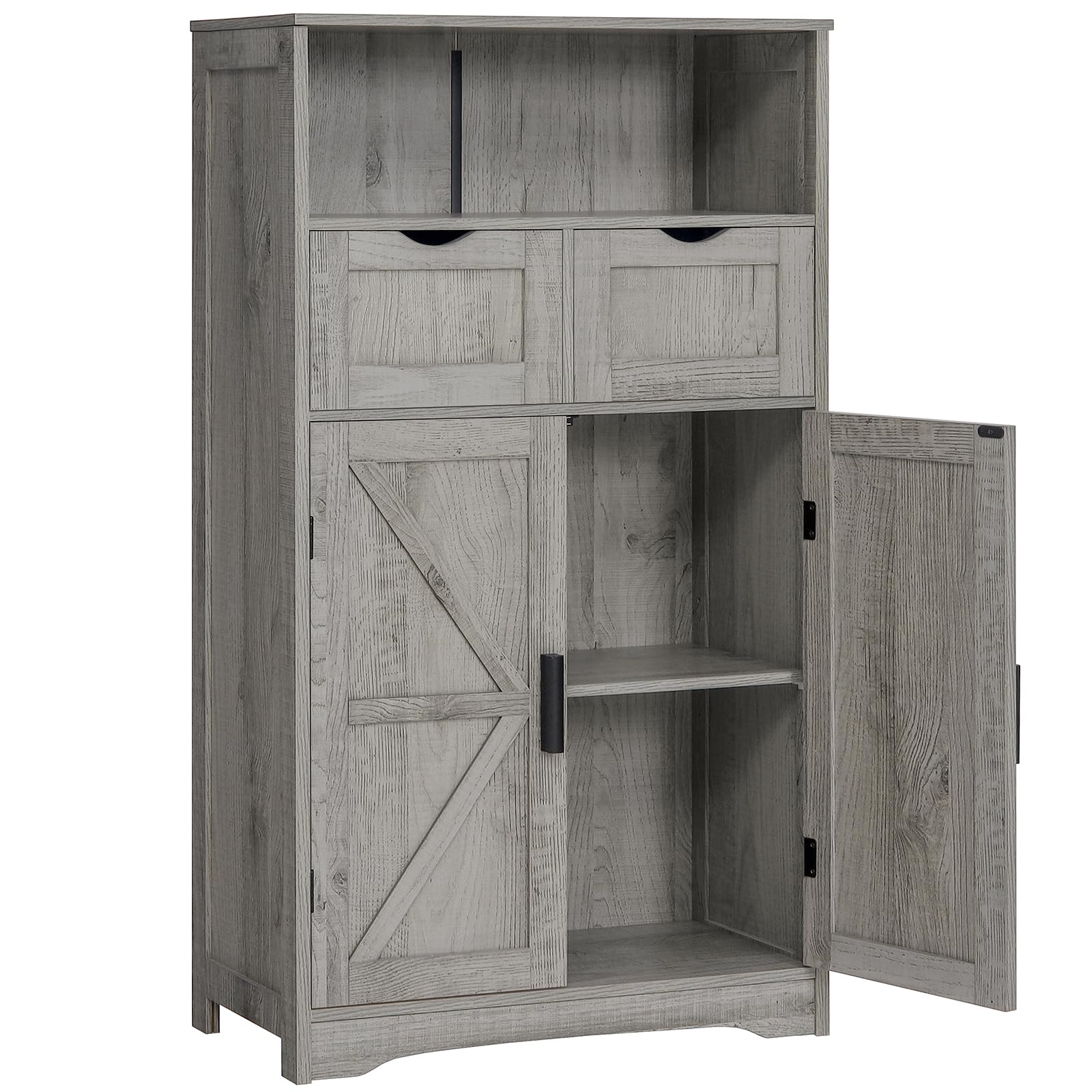 Bathroom Cabinet, Storage Cabinet with 2 Adjustable Drawers & 2 Barn Doors, Standing