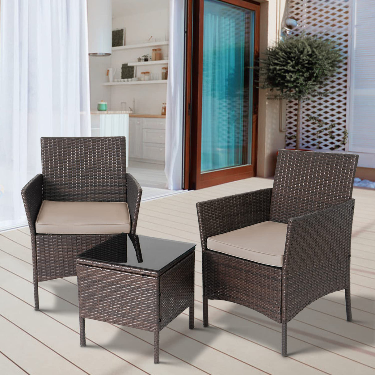 3-Piece Outdoor Wicker Conversation Bistro Set Outdoor Patio Porch Furniture Sets for Yard