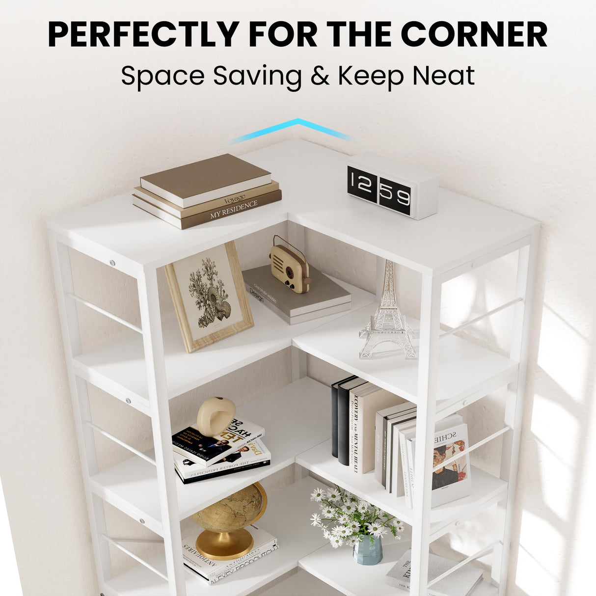 5-Tier Corner Bookshelf, 70.86" Tall Corner Bookcase,5-Shelf Modern L-Shaped Coner Shelf with Metal Frame for Home Office,Living Room,Bed Room(White)