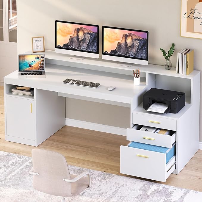 YOMILUVE Computer Desk with 3 Drawer & Storage Shelves, Home Office Desk with File Drawer & Cabinet, Writing Study Table with Long Monitor Stand & Printer Shelf, Executive Workstation