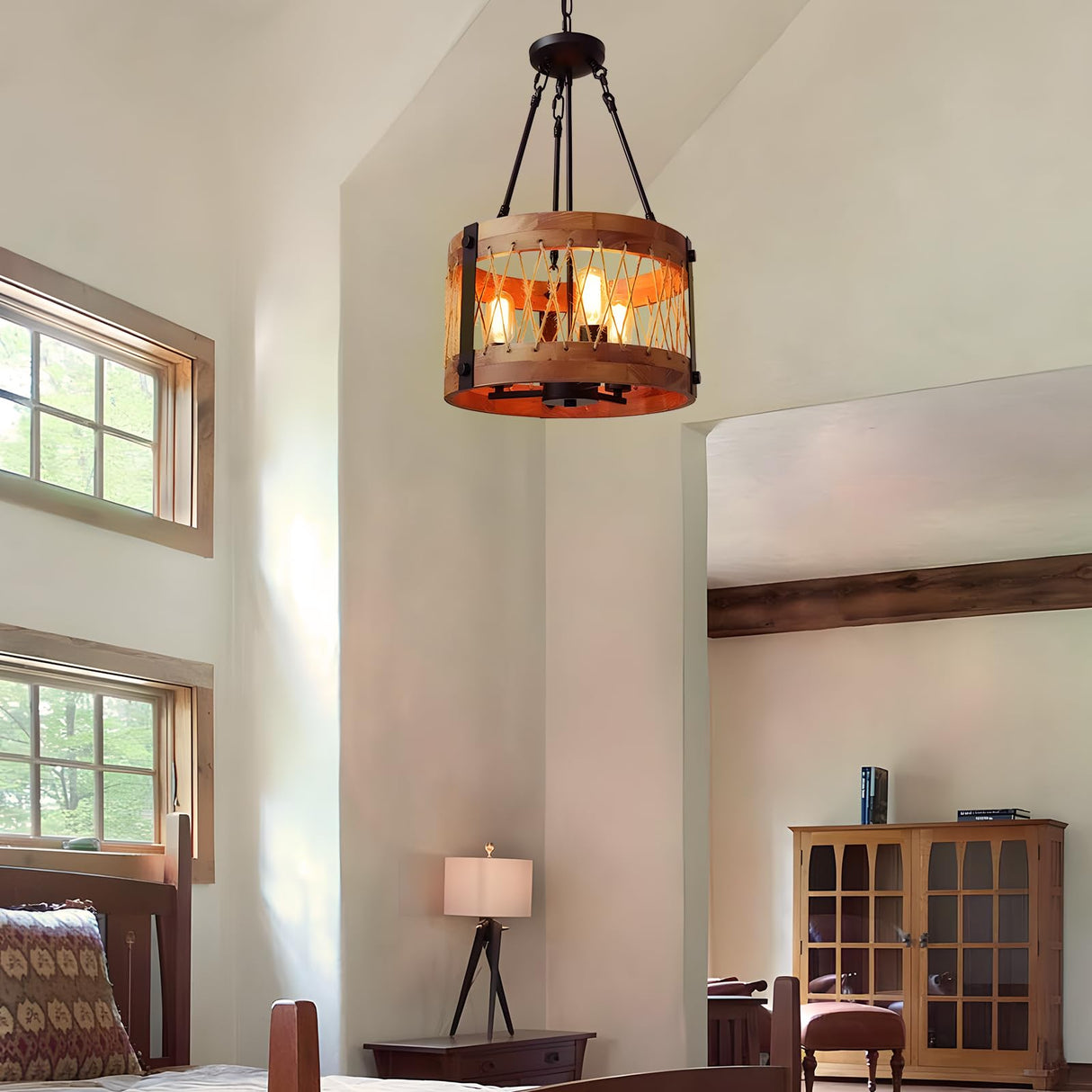 3-Light Farmhouse Drum Chandelier for Dining Room, 83.5" Height Adjustable