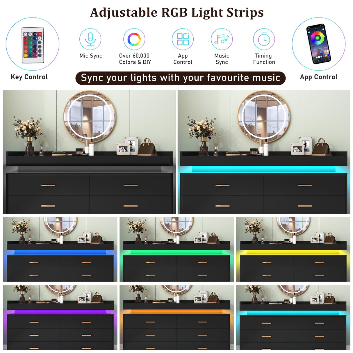 6 Drawer Dresser with LED Light, Modern Chest of Drawers