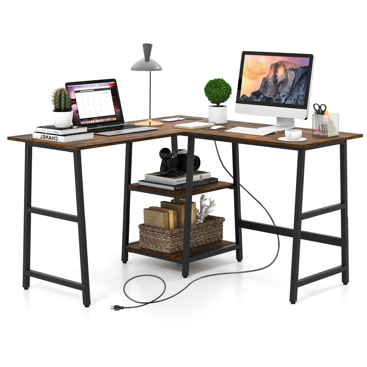 48” L Shaped Computer Desk, Corner Study Writing Desk with Outlets & USB Ports