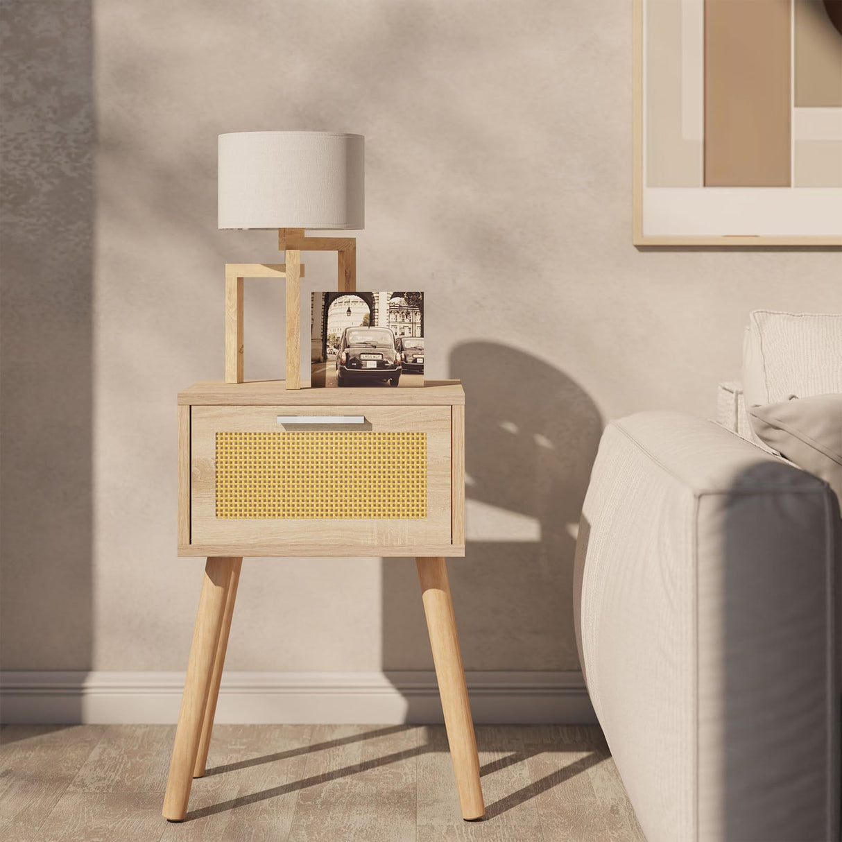 Nightstand, Small Bedside Table, Handmade Rattan Decorated Drawer, Solid Wood Legs