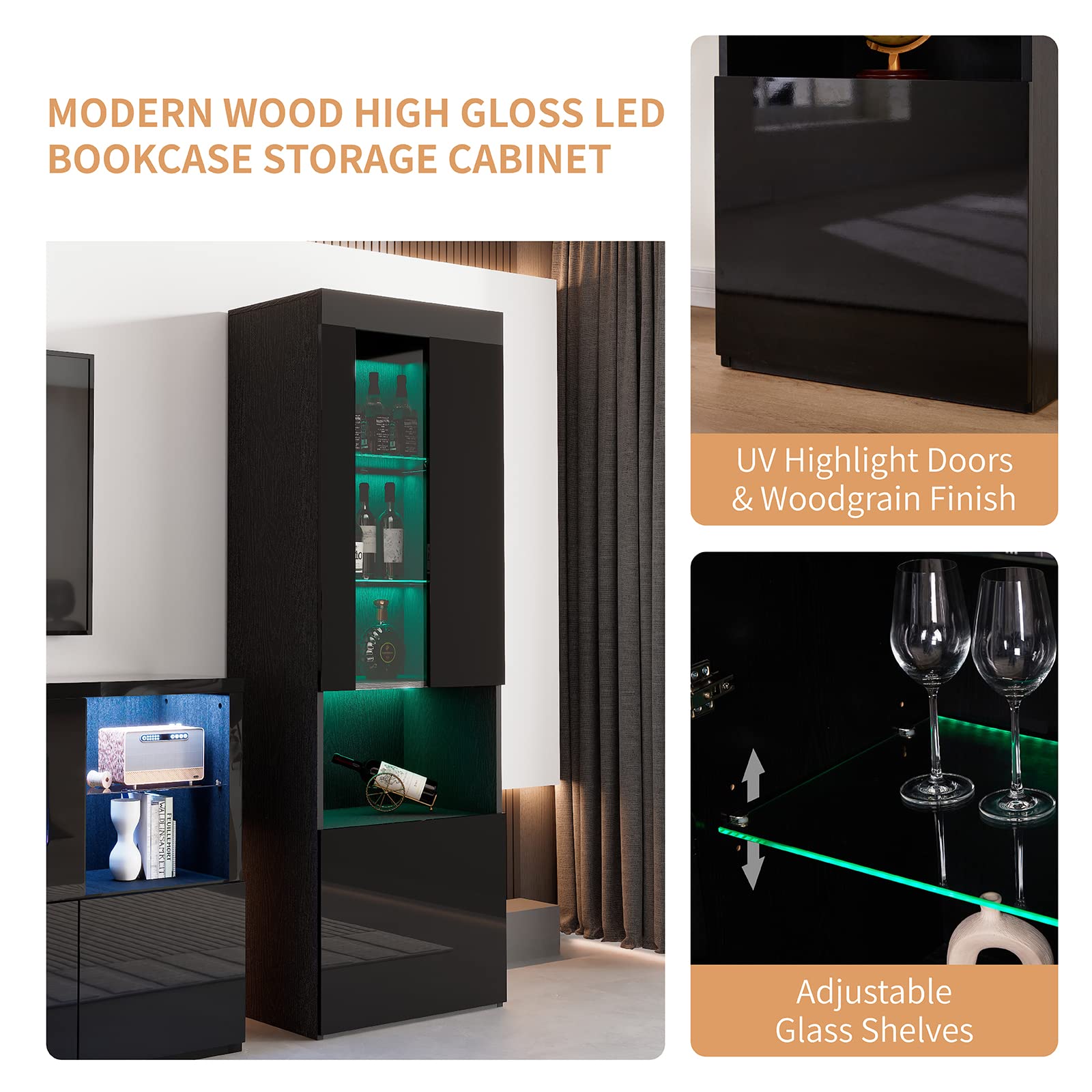 3 Piece Modern High Gloss Fireplace TV Stand + Bookcase Set