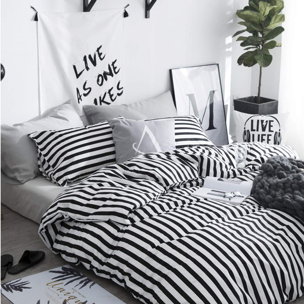 Striped Comforter Set Queen 3Pcs Black White Bedding Comforter Sets Farmhouse