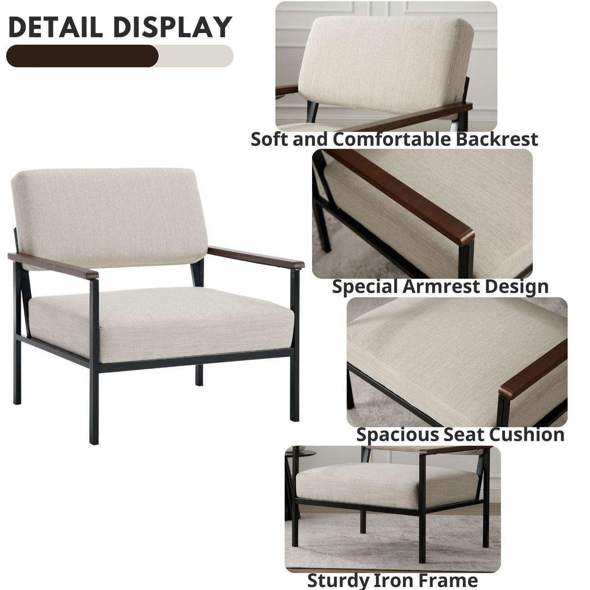 Modern Arm Chairs Set of 2, Mid-Century Accent Chairs with Black Metal Frame 23.25