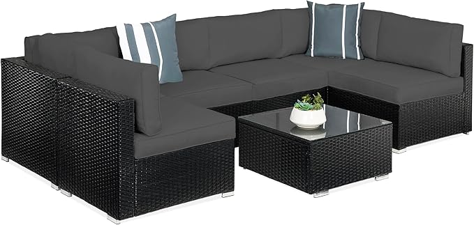7-Piece Modular Outdoor Sectional Wicker Patio Conversation Set w/ 2 Pillows