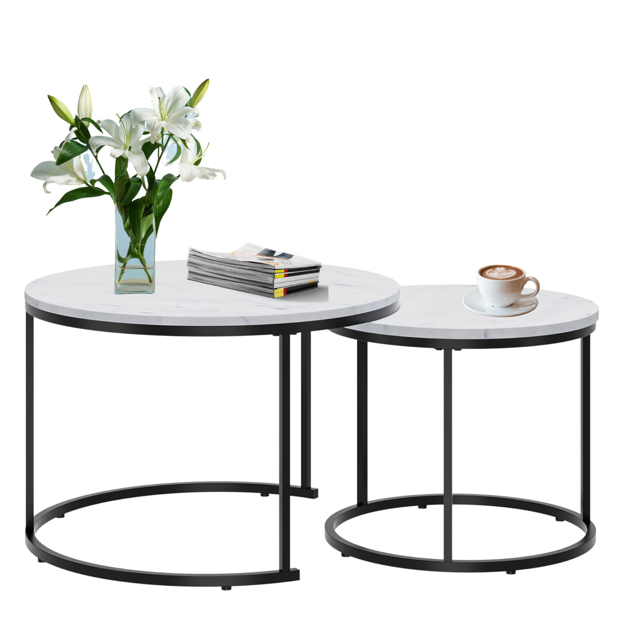 Nesting Coffee Table Set of 2, 27 inch Round Faux Marble Coffee Tables, Modern Nesting Tables