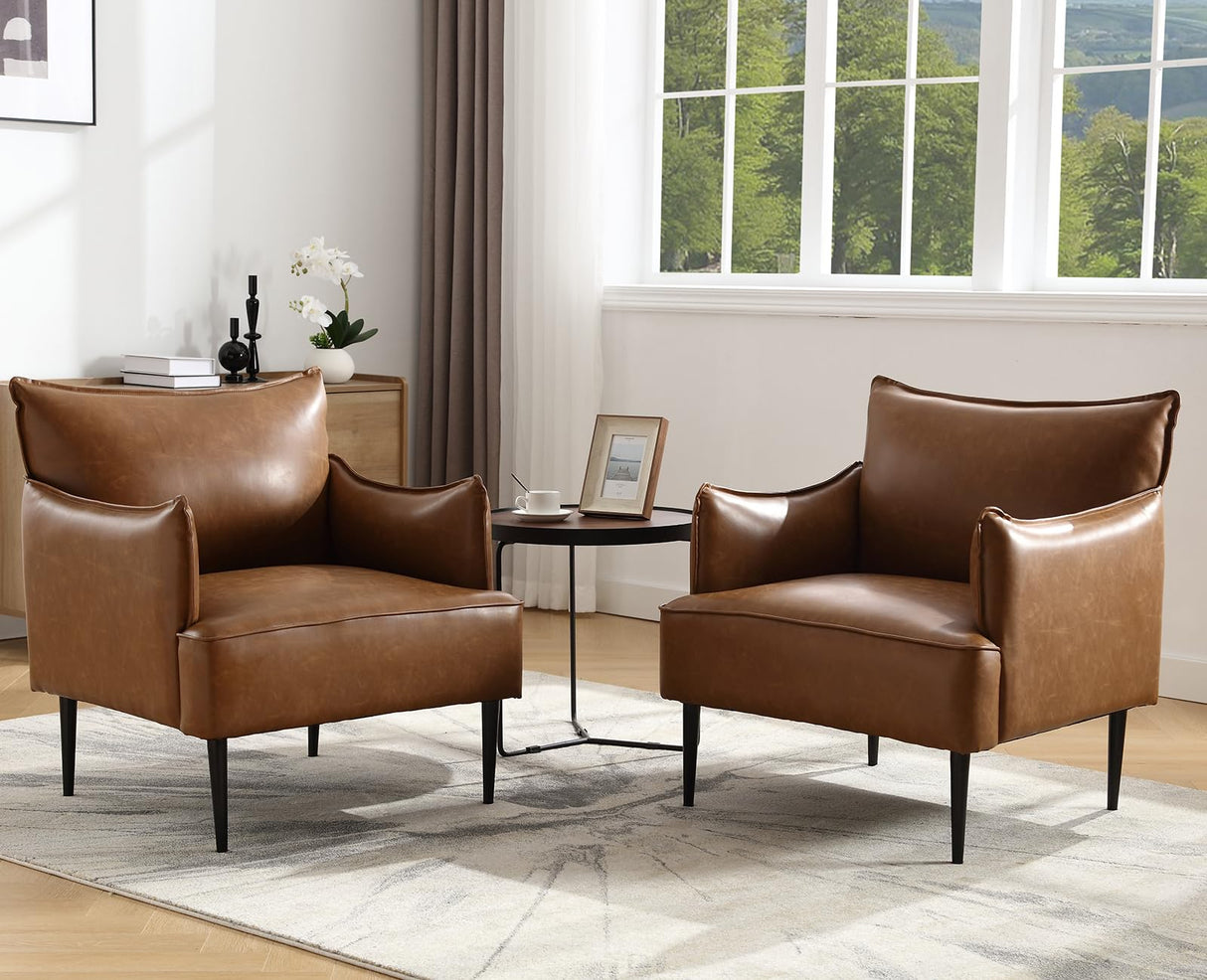 Brown Leather Accent Chairs Set of 2, Modern Club Chairs Single Sofa for Living