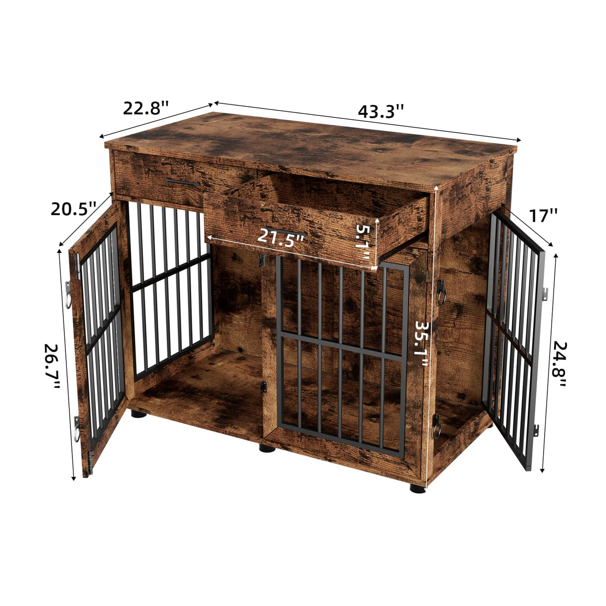 43.3" Large Wooden Dog Crate Furniture with Storage Drawers