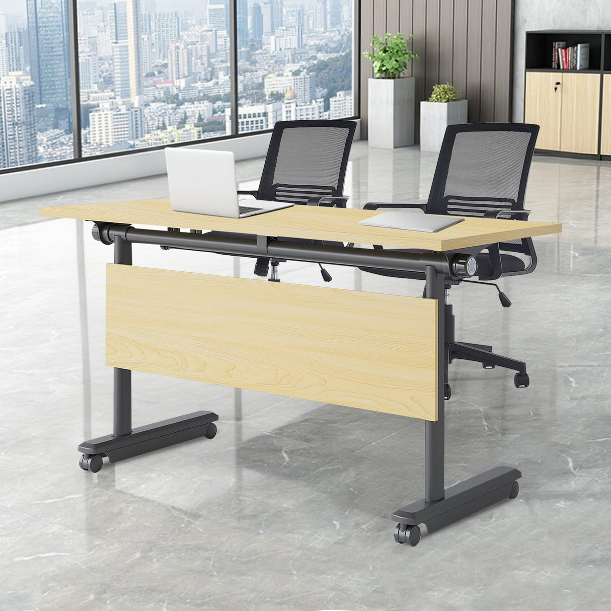 Table,Modern Wood Color Office Folding Flip Top Mobile Training Table with Chair 61"