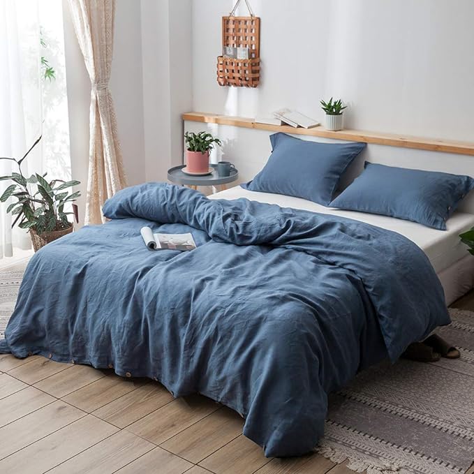 100% Linen Duvet Cover Set, 3 Pieces Belgian Flax Breathable Bedding, 1 Comforter