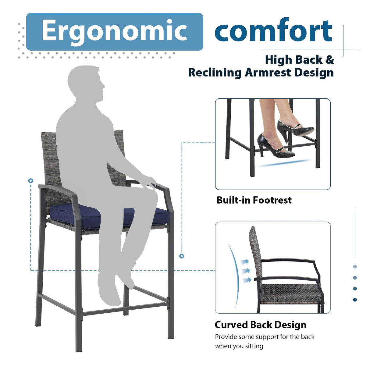 JOIVI 3 Piece Patio Bar Set, Outdoor Wicker Counter Height Bar Stools and Wood Top Table Set for 2 People, Bar Height Table Bistro Set with 2 Bar Chairs and Cushions for Backyard, Balcony