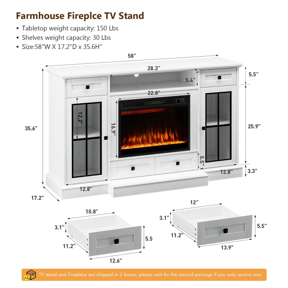 58” Fireplace TV Stand for TVs up to 65 Inch, Entertainment Center with 23" Electric