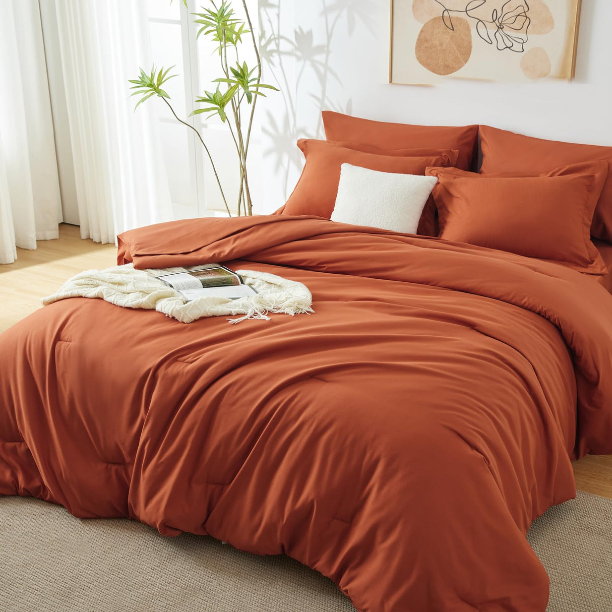 Queen Comforter Set Burnt Orange, 7 Pieces Bed in a Bag Terracotta