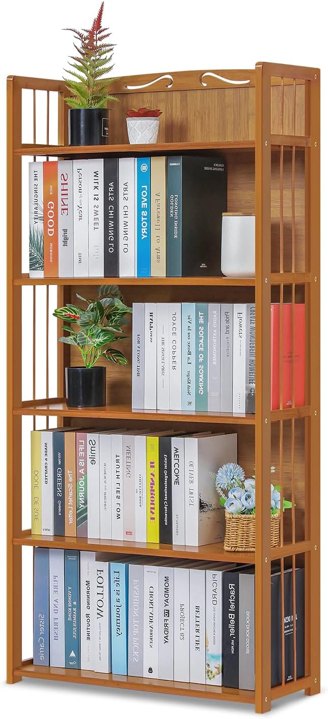 4 Shelf Bamboo Bookshelf Freestanding Display Shelf, Tall Bookcase Rack Organize for Home Office Library Small Narrow Space (Natural, 19.7" L x 9.8" W x 43.7" H)