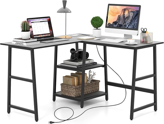 48” L Shaped Computer Desk, Corner Study Writing Desk with Outlets & USB Ports