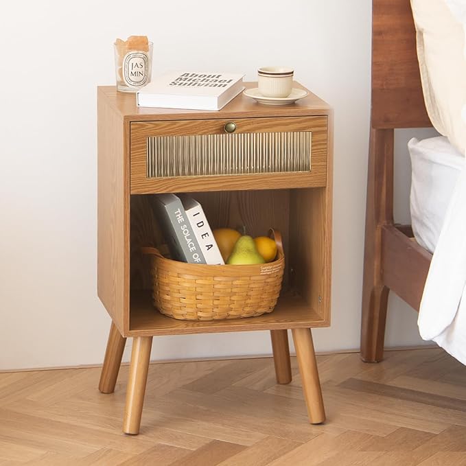 Mid Century Nightstand, Bedside Table with Glass Storage Drawer and Large Open Shelf