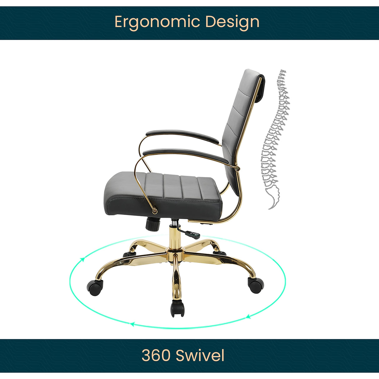 Mid-Back Ergonomic Office Chair with Lumbar Support - Black Leather Gold Frame