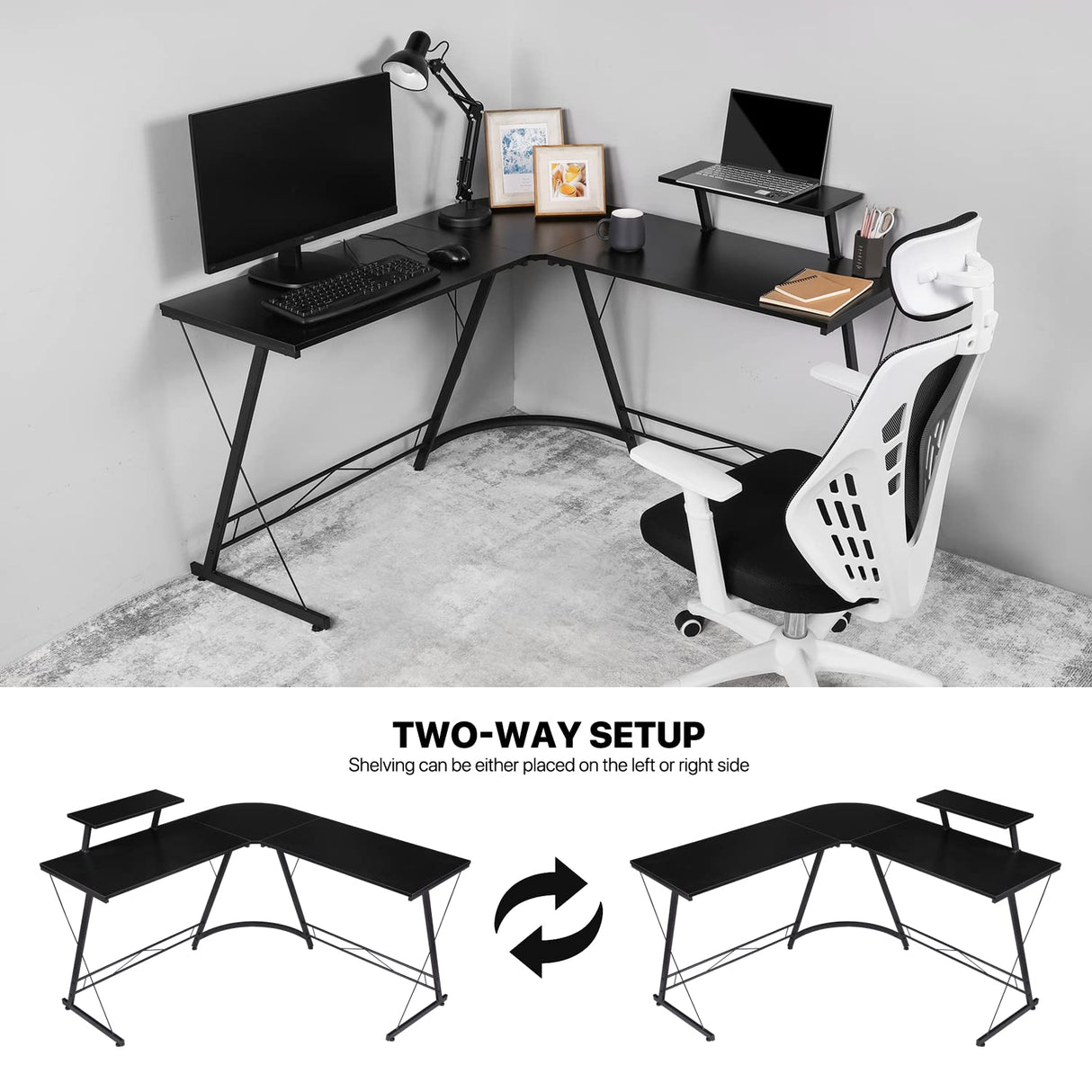 L Shaped Gaming Desk Computer Corner Table with Metal Frame, L Desk Workstation for Home Office, Space-Saving, Black