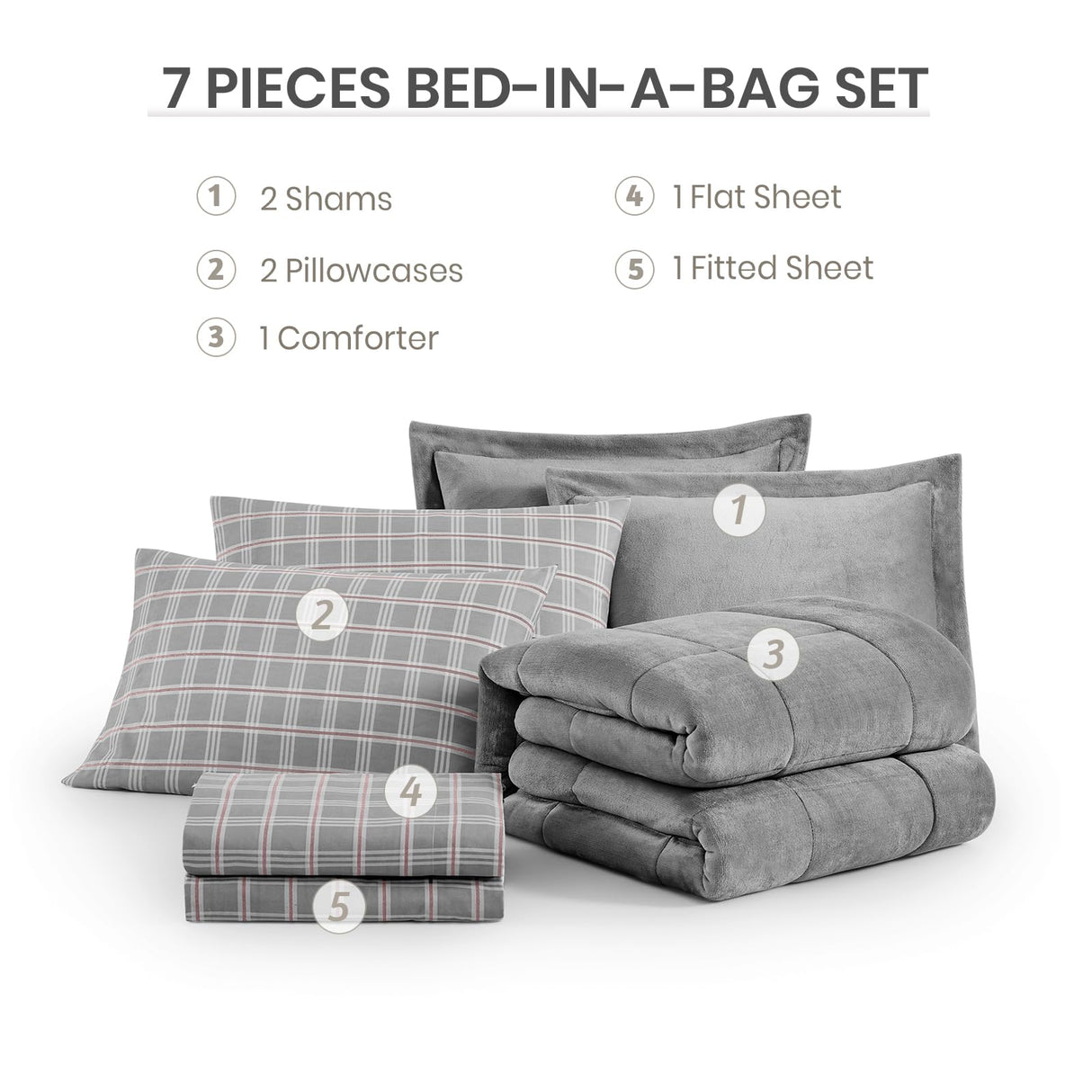 AMBERSPACE Fleece Queen Comforter Set-7 Pieces Bed in A Bag Queen,Blue Grey Plush Bedding Comforter Sets, Soft Warm Queen Comforter Set with Sheets,Comforter,Pillowcases and Shams