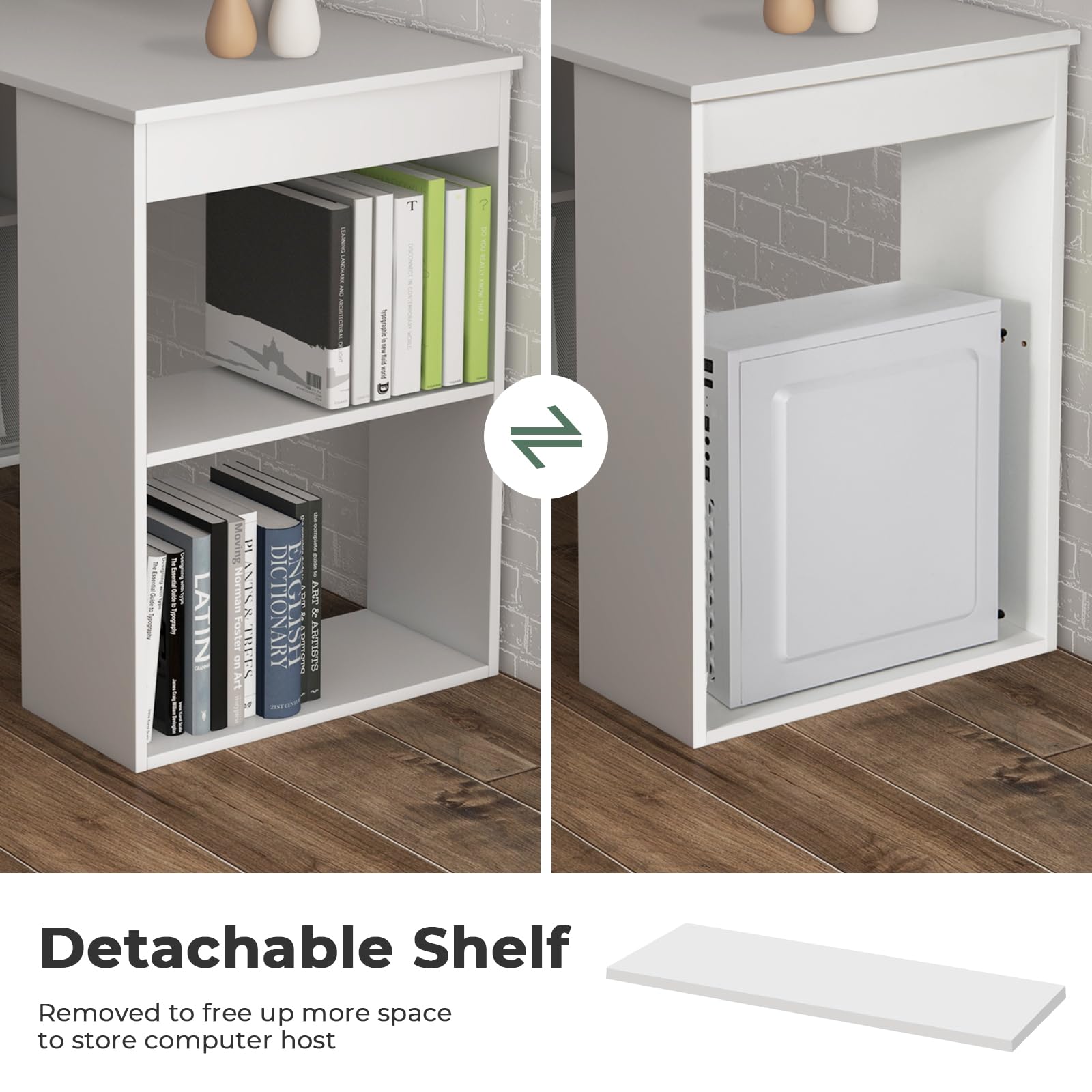 Giantex 48 Inch Computer Desk with Bookshelf, 3-in-1 Home Office Desk with 4-Tier Bookcase & CPU Stand, Space-Saving Reversible Writing Desk Work Table for Bedroom, Study Room, Office (White)