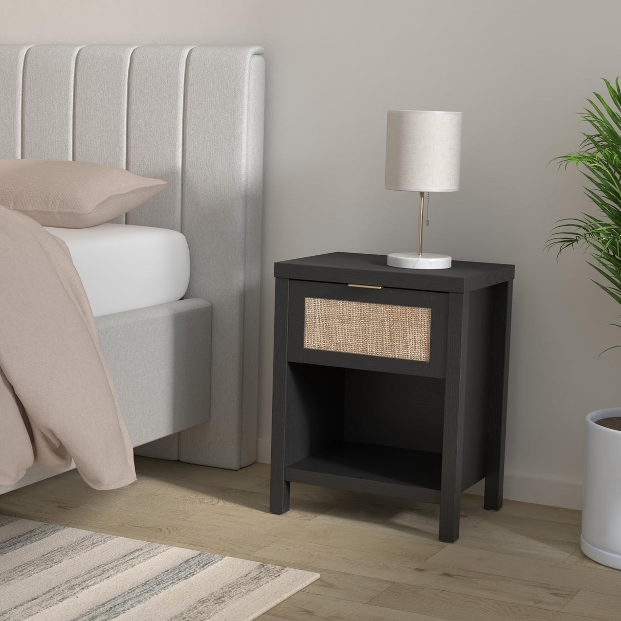 Rattan Night Stands Set of 2, Farmhouse Nightstand