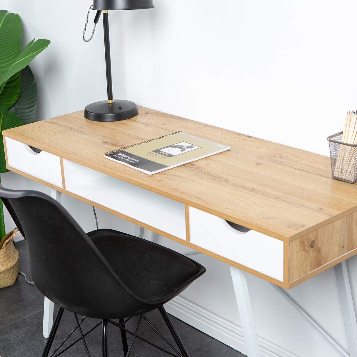 Mid Century Desk with Drawers, 47 inches Writing Study Desk with 2 Drawer and Opening