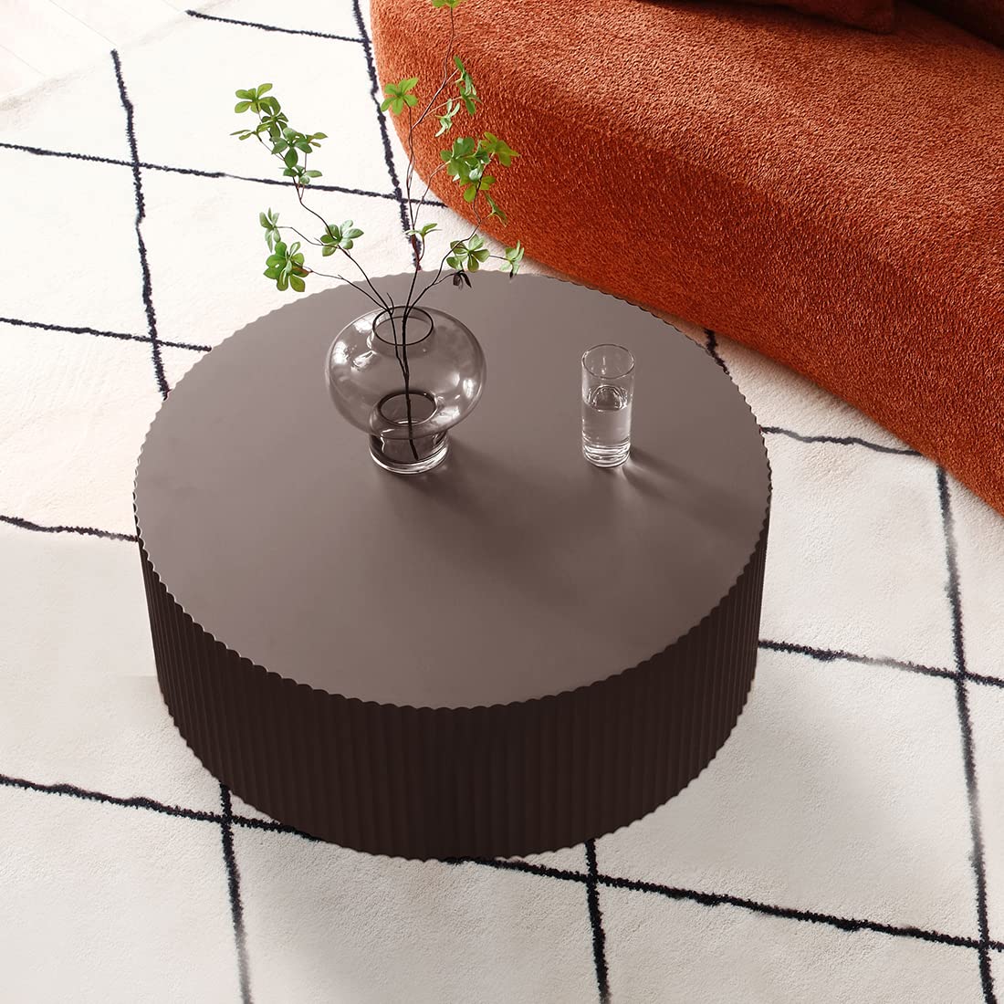 Large Round Coffee Table for Living Room Drum Coffee Table Modern Large Circle Coffee Table Fluted Coffee Table for Apartment Mall No Need Assembly (Matte Brown)