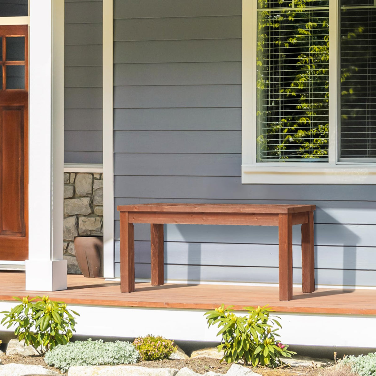 Outdoor Wooden Bench, 40” Porch Bench Garden Bench Outdoor Backless Bench