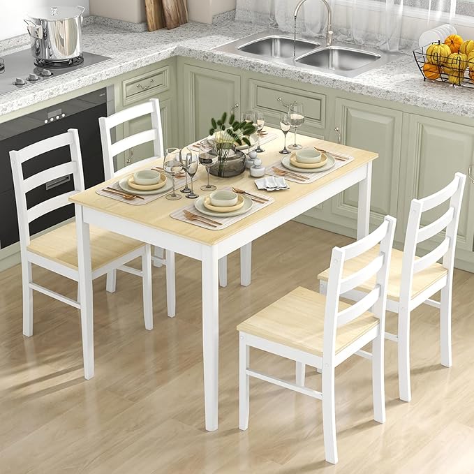 Set for 4, Solid Wood, Farmhouse Dinette Set w/Rubber Wood Legs, Mid-Century Modern