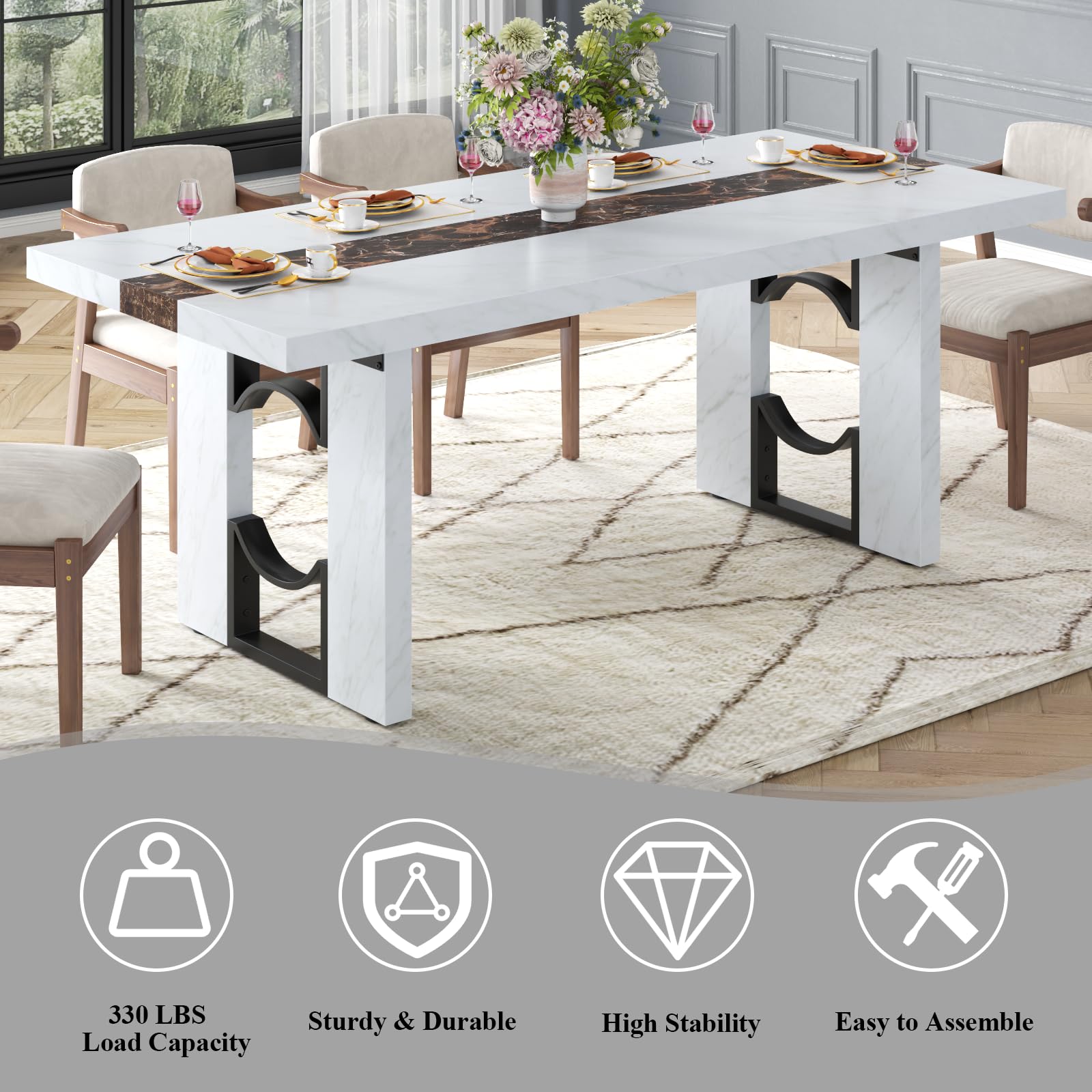 Inch Dining Table for 6-8 People, Large Rectangular Kitchen Table with Marble-Color