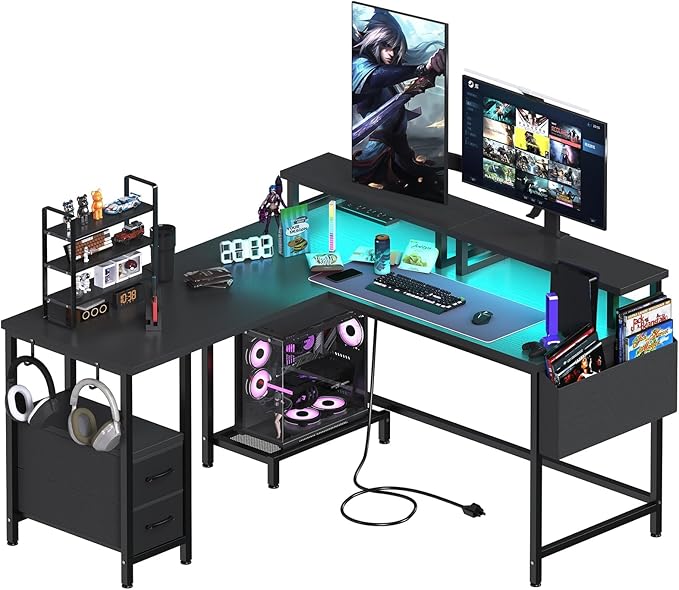 White L Shaped Computer Desk with Fabric Drawers, 47 Inch Corner Home Office Desk