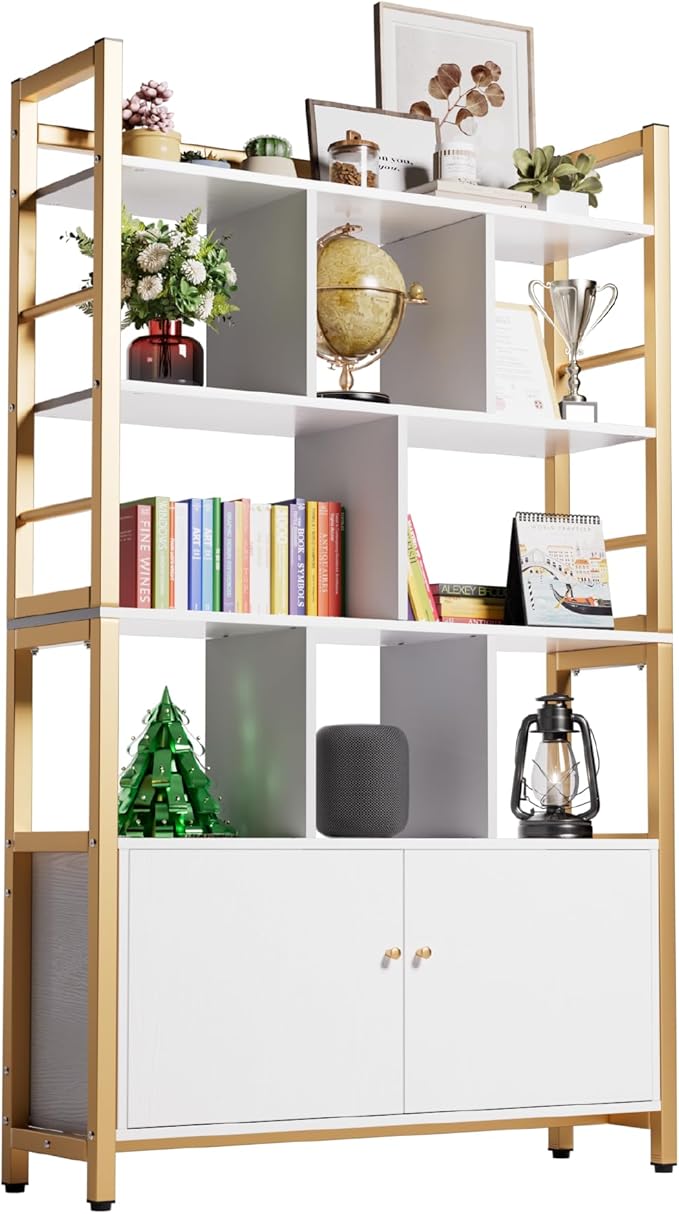 Gold and White Bookshelf with Doors, 4 Tier 39.4in Wide Heavy Duty Bookshelves