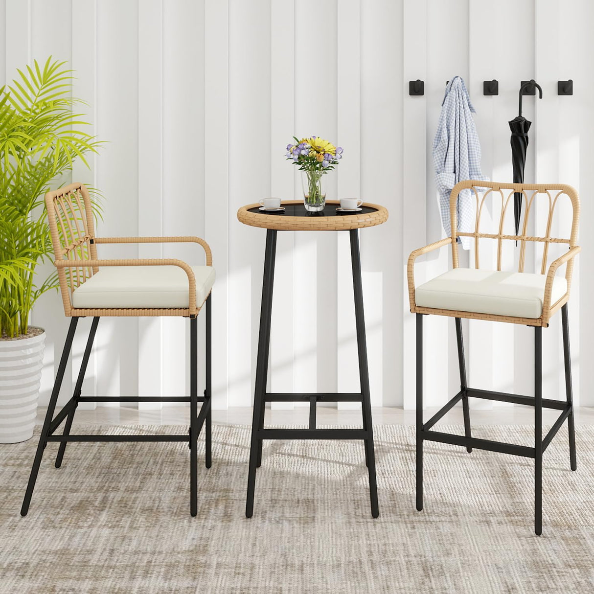 Vikiullf 3 Pieces Patio Bar Table Set, Outdoor Wicker Bar, All Weather Height Bar Stools and Table Set, for Garden, Deck, Balcony