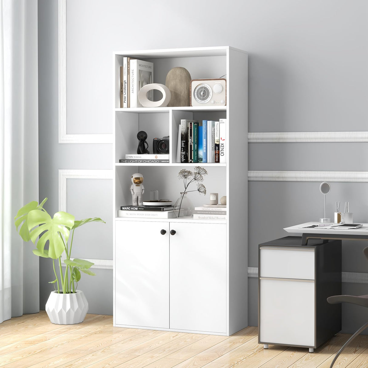 5 Tier Bookcase with 2-Door Cabinet, Tall Freestanding Bookshelf with 4 Open Shelves