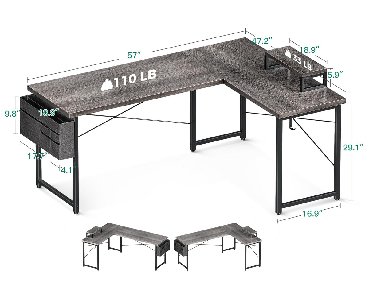 L Shaped Computer Desk with Storage Bag, 57.5 Inch Reversible Gaming Desk, Home