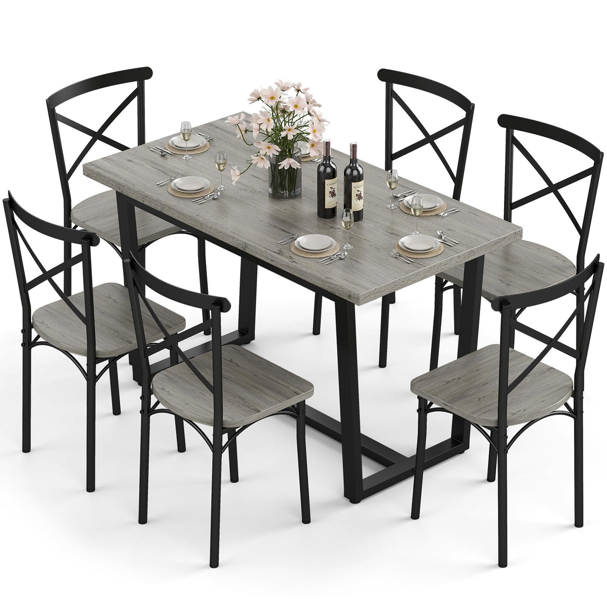7-Piece Dining Table Set for 6, Rectangular Metal Frame Table with 6 Chairs, Modern Table