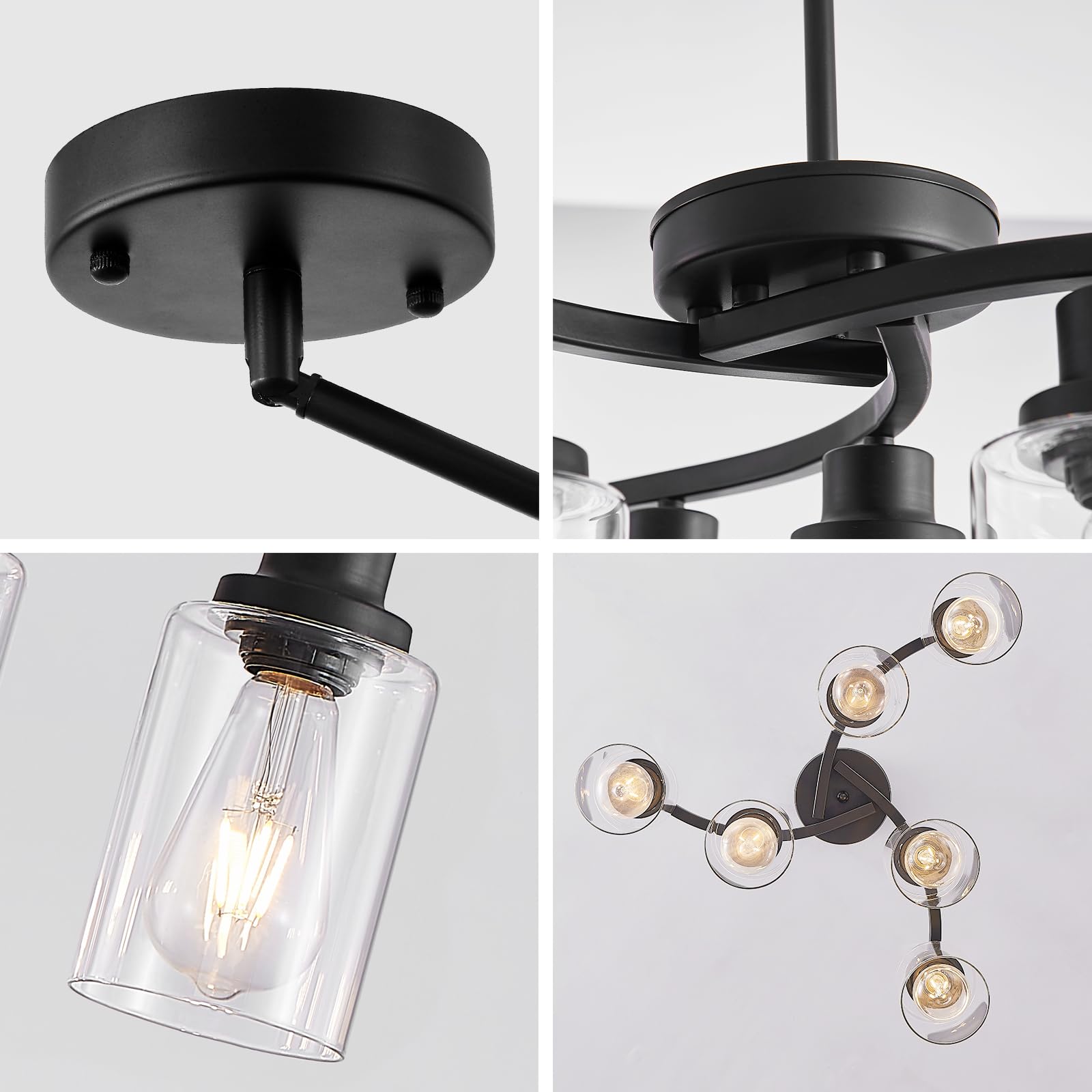 OTeedo 6-Light Modern Farmhouse Black Chandeliers for Dining Room,Kitchen Black Chandeliers Over Table,Adjustable Height Hanging Whirlwind Pendant Lights,Clear Glass Shade Ceiling Light Fixture