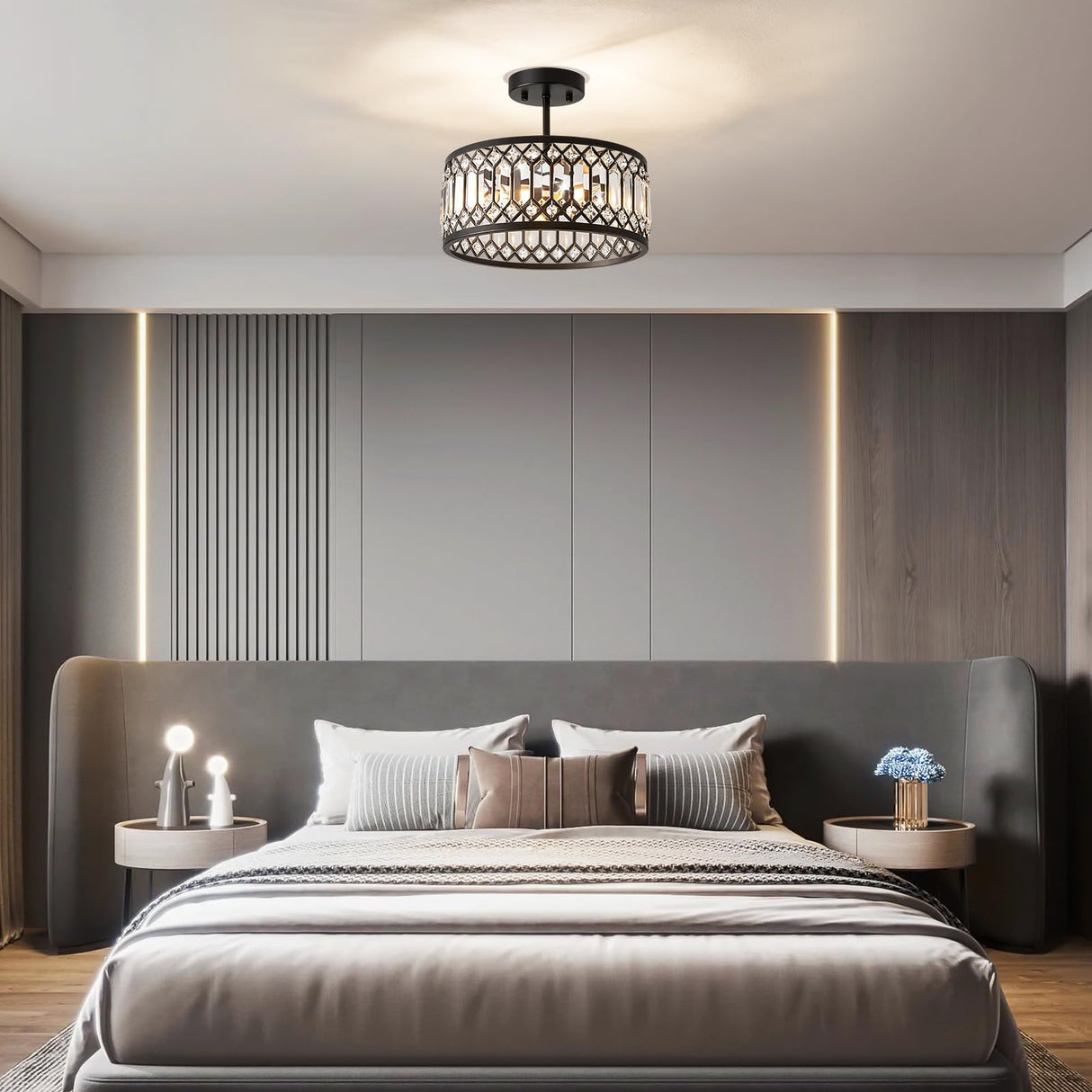 Pevfah Crystal Black Ceiling Light, Modern Semi Flush Mount Ceiling Lighting Fixture, Round Hallway Lighting Fixtures Chandelier for Kitchen Entryway Bedroom Dining Room, 3-Light, 12.2 Inch