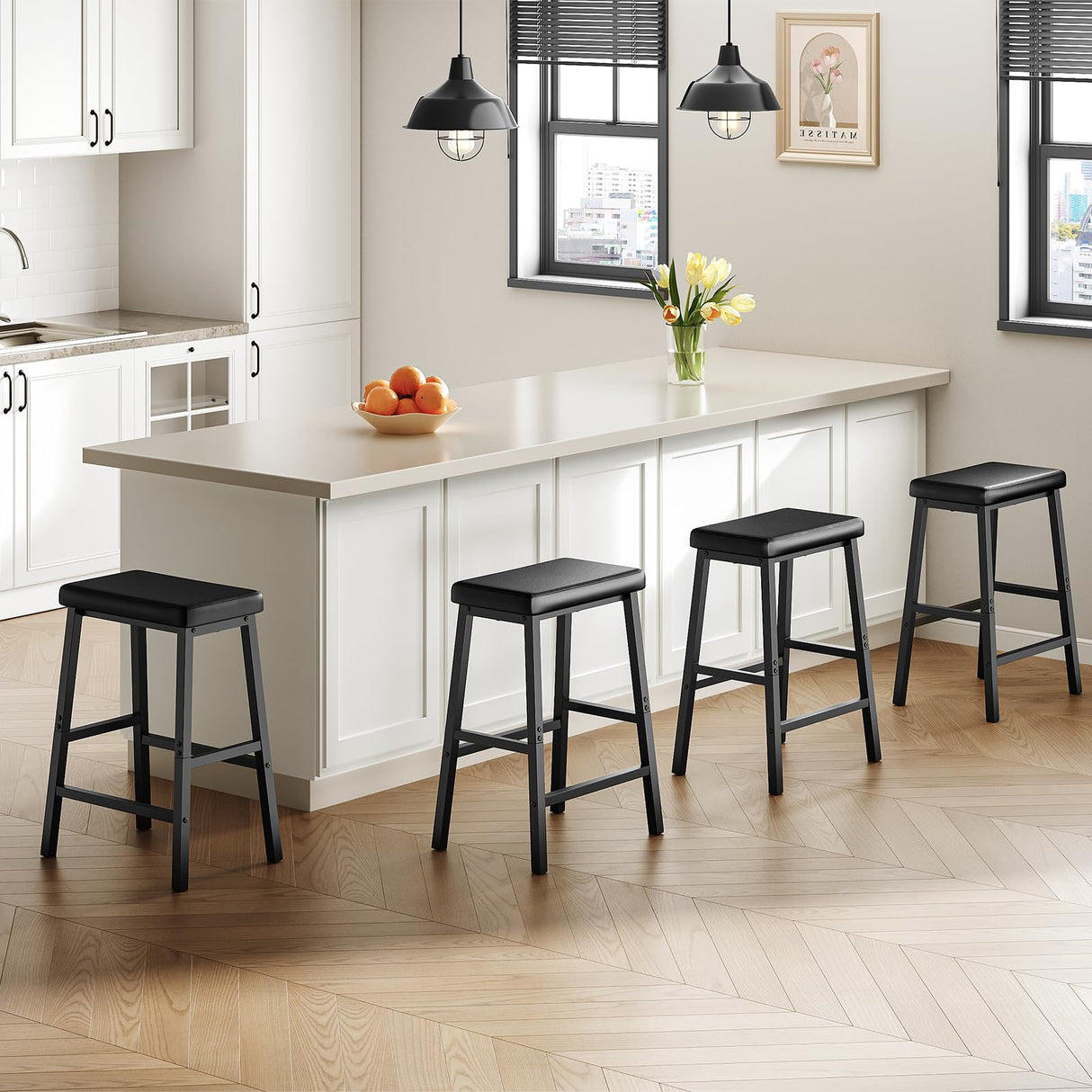 Bar Stools, 24" Set of 2 Bar Chairs, PU Leather Upholstered Breakfast Stools