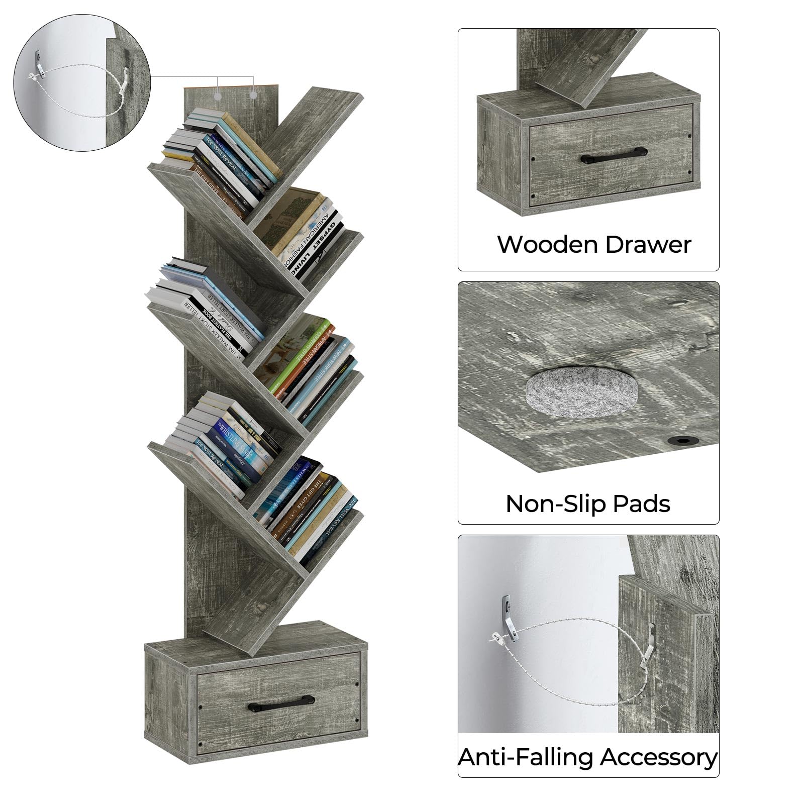 Rolanstar Bookshelf with Wooden Drawer, 7 Shelf Tree Bookshelf, Modern Book Storage, Free Standing Tree Bookcase, Utility Organizer Shelves for Home Office, Living Room, Bedroom, Light Grey