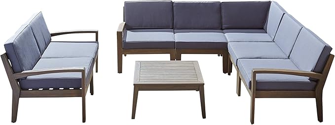 Noble House Grenada Outdoor Acacia Wood 7 Seater Sectional Sofa Set Teak/Blue