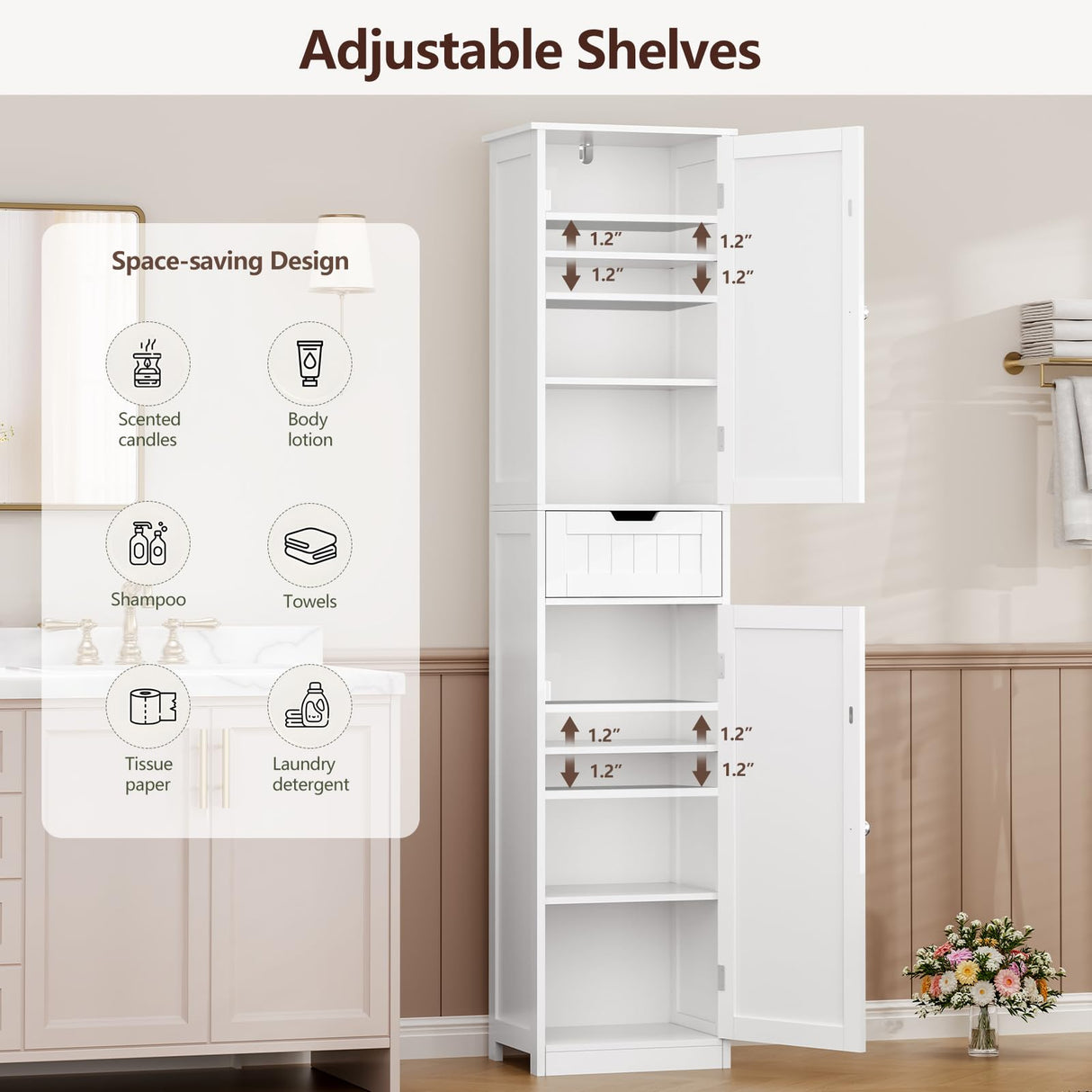 Storage Cabinet, Bathroom Cabinet with 2 Doors & 1 Drawer, Storage Cabinet with Adjustabl